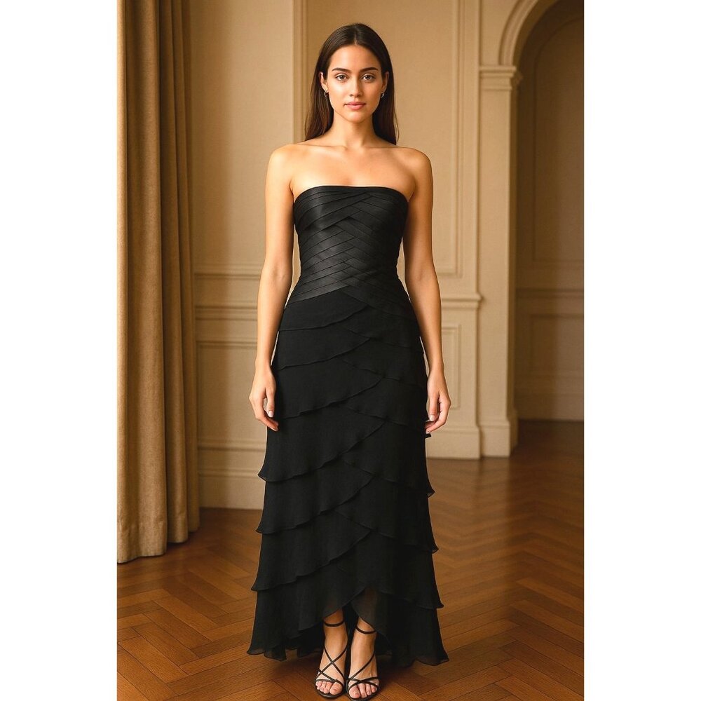 Tadashi Shoji Dress Black Layer Silk Chiffon Maxi Formal Tulip Vintage Maxi